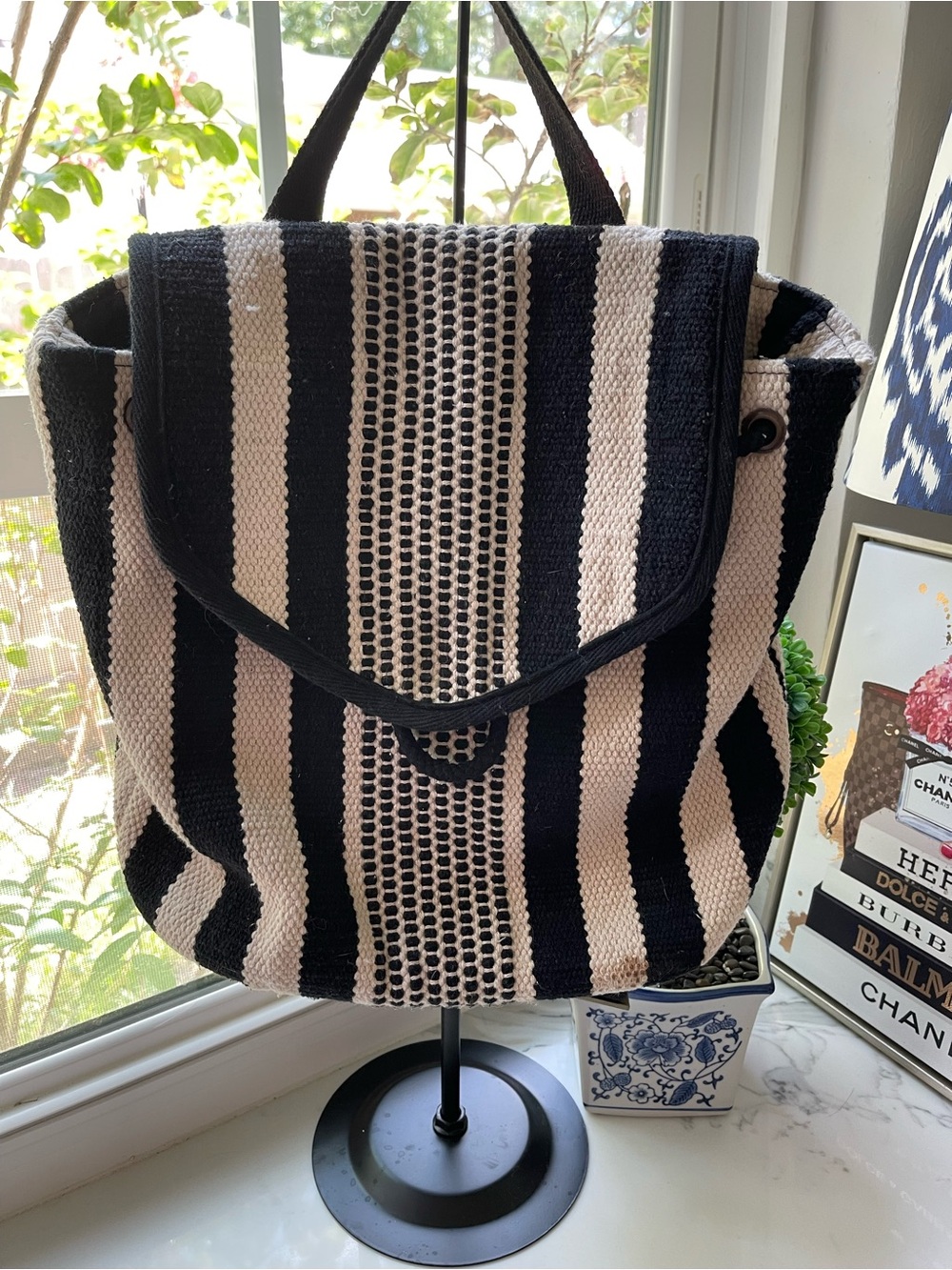 Universal Thread Black and Cream Striped Woven Tote